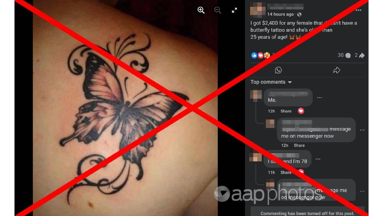 A scam post promising money for women without butterfly tattoos.