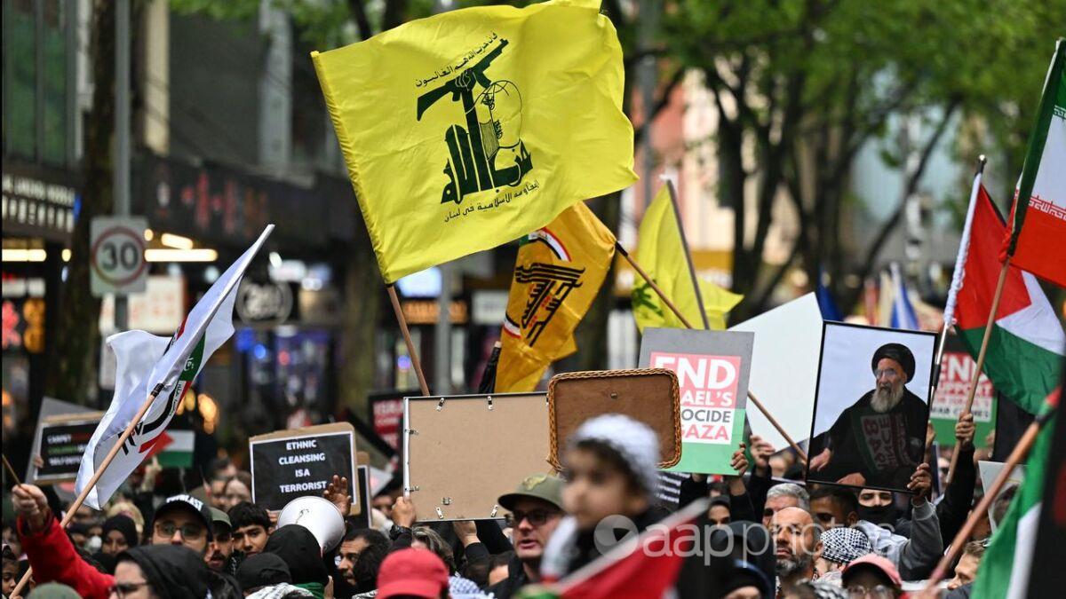 Hezbollah flag at pro-Palestine rally