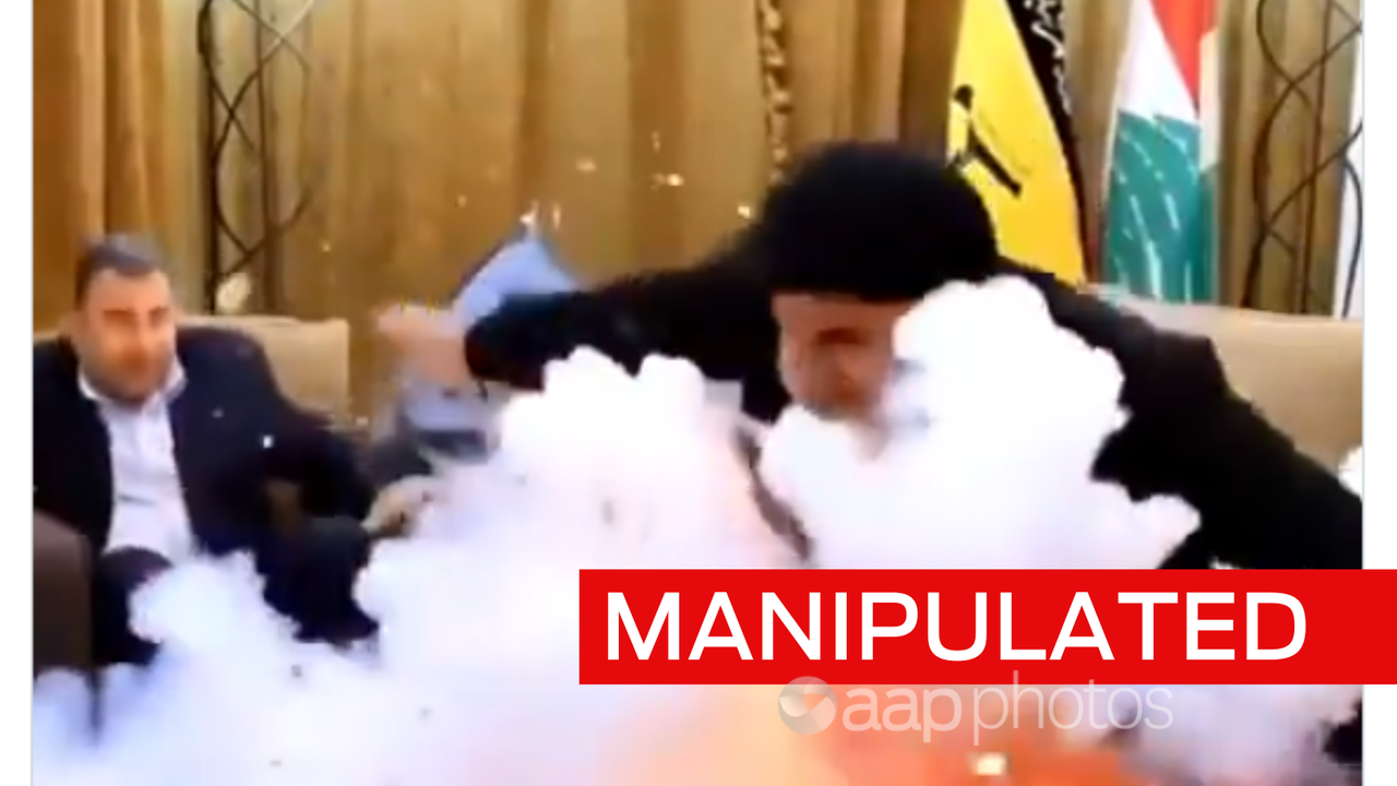 Fake video still of Hassan Nasrallah being blown up.