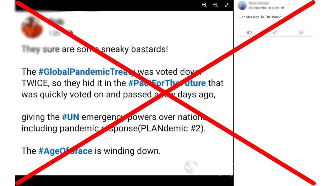 Facebook post claiming Pact for the Future hides emergency UN powers.