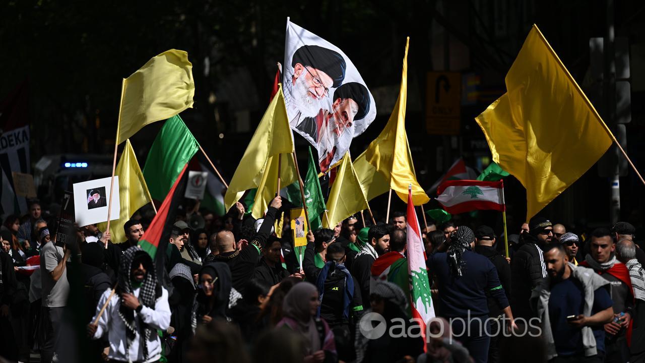 A group of Melbourne protesters waved flags coloured yellow and green.