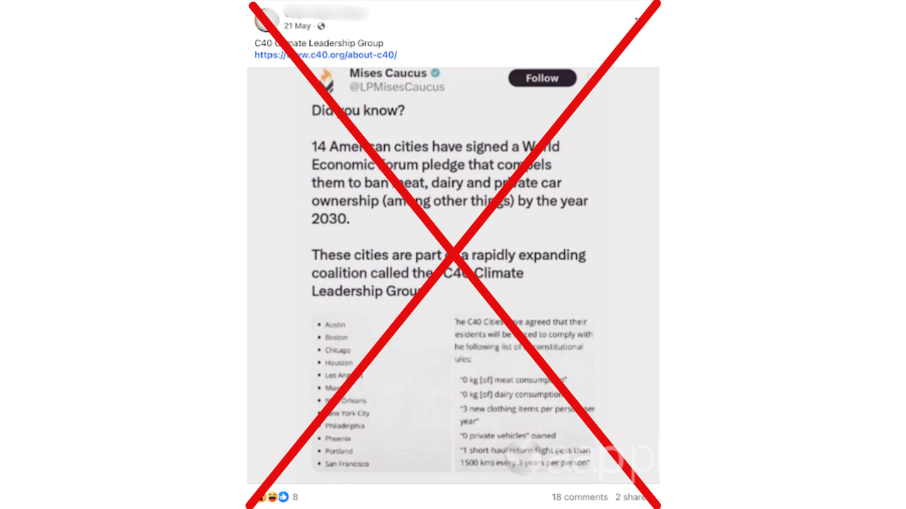 Facebook post with false claim about C40 cities