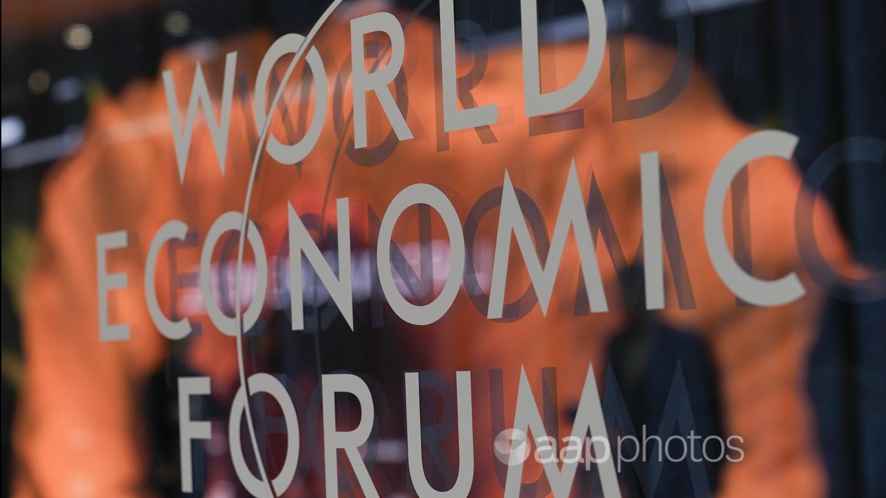 Logo of the World Economic Forum at Congress Center in Davos