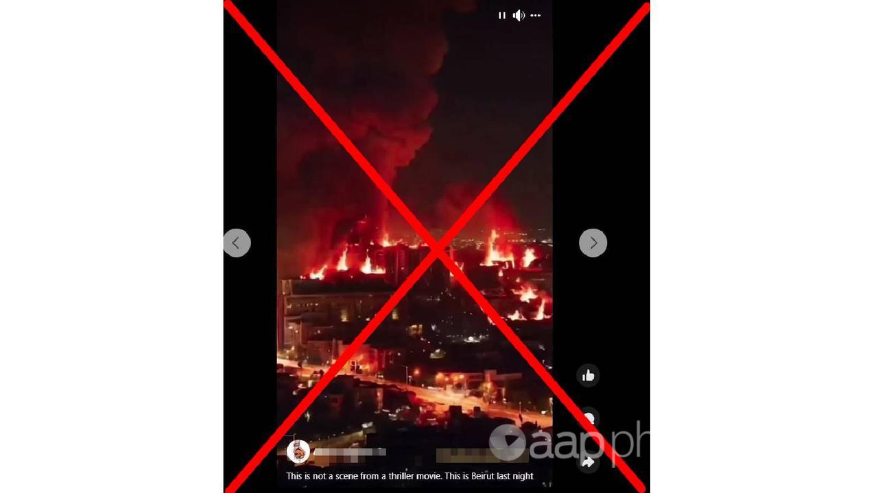 Screenshot of an AI image falsely claimed to be of Beirut in flames.