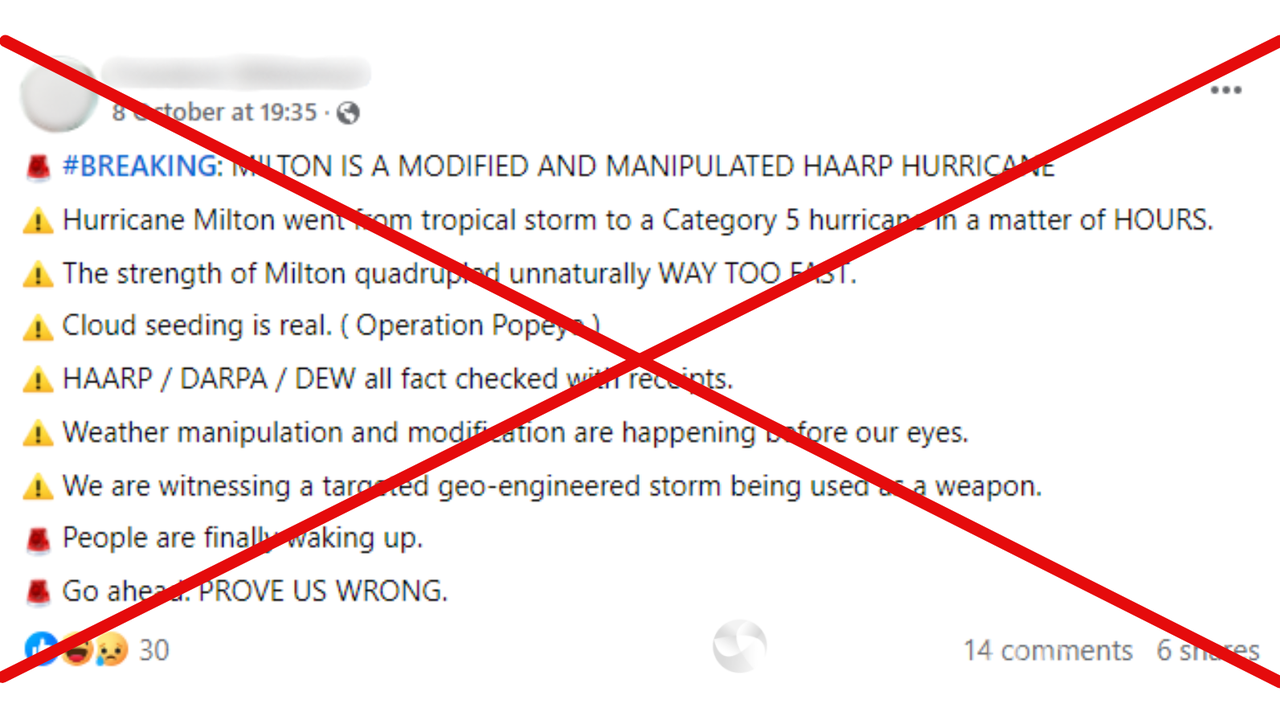 Facebook post claiming Hurricane Milton is modified