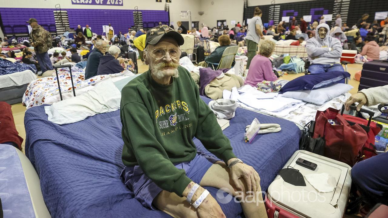 Evacuee Bill Rogers in the gym at River Ridge school, Hurricane Milton