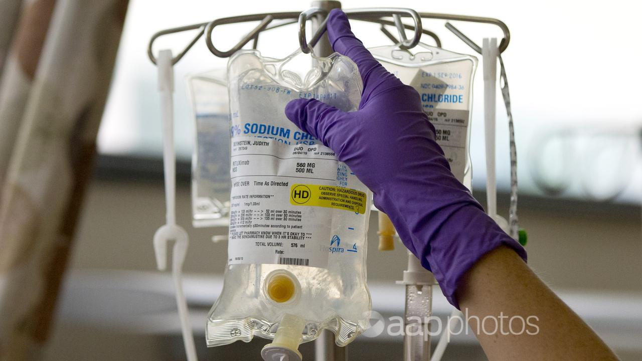 A patient's chemotherapy medication on an intravenous stand (file)