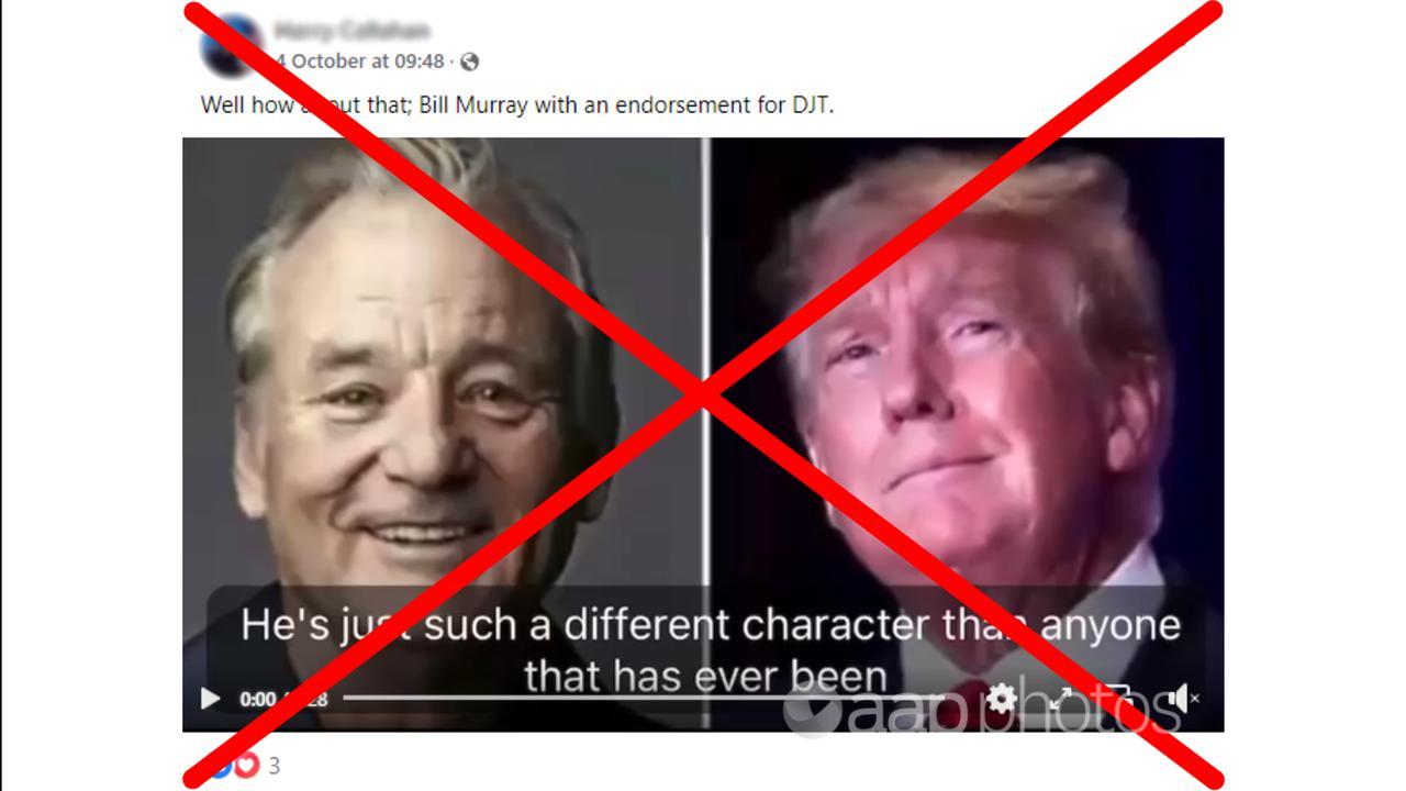 Facebook post claiming Bill Murray has endorsed Trump.