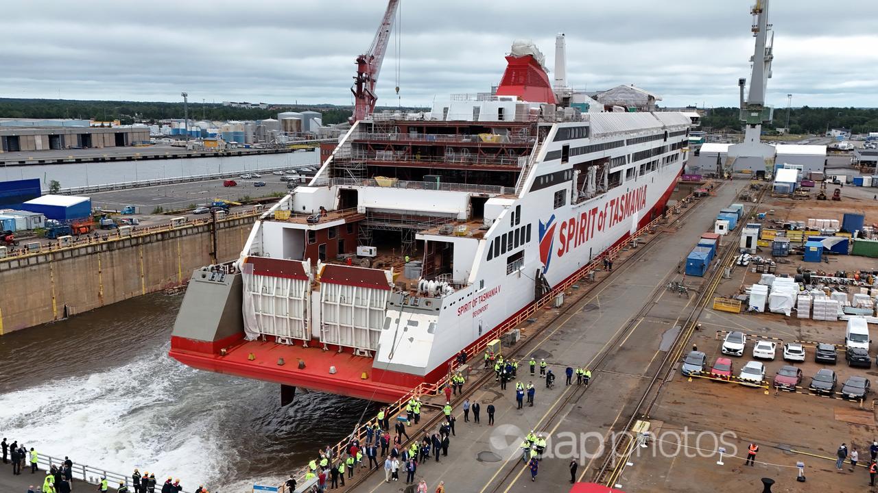 A Spirit of Tasmania ferry at a construction yard in Finland