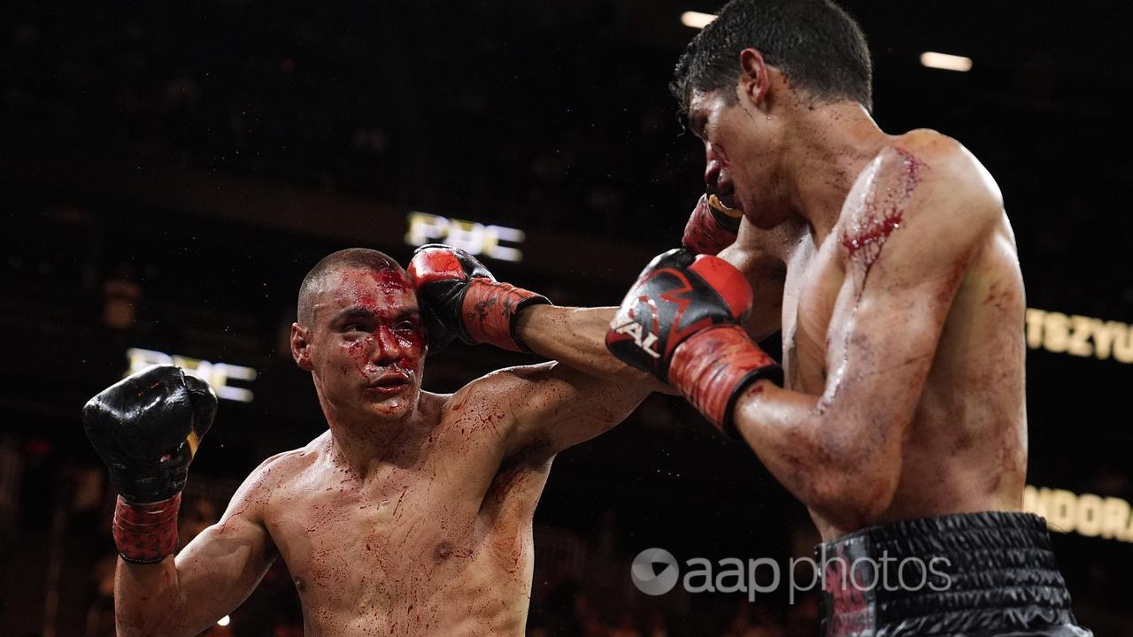 Sebastian Fundora, right, hits Tim Tszyu