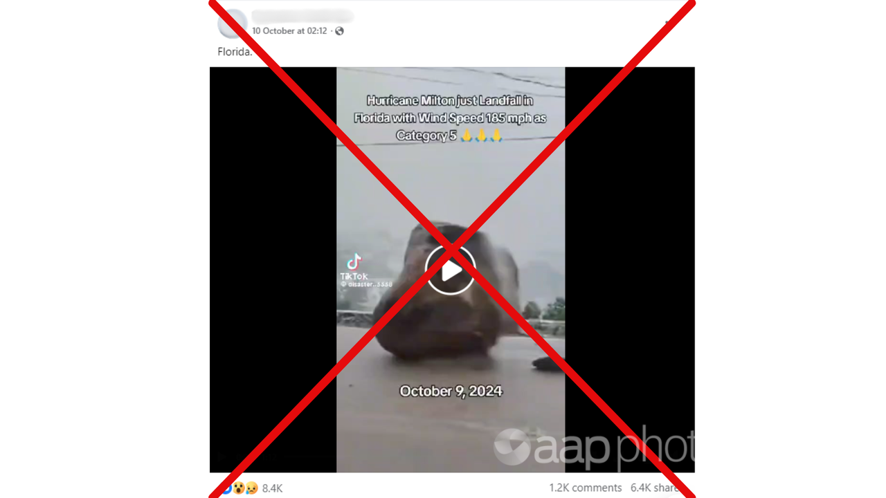 Crossed out Facebook post sharing fake Hurricane Milton footage.