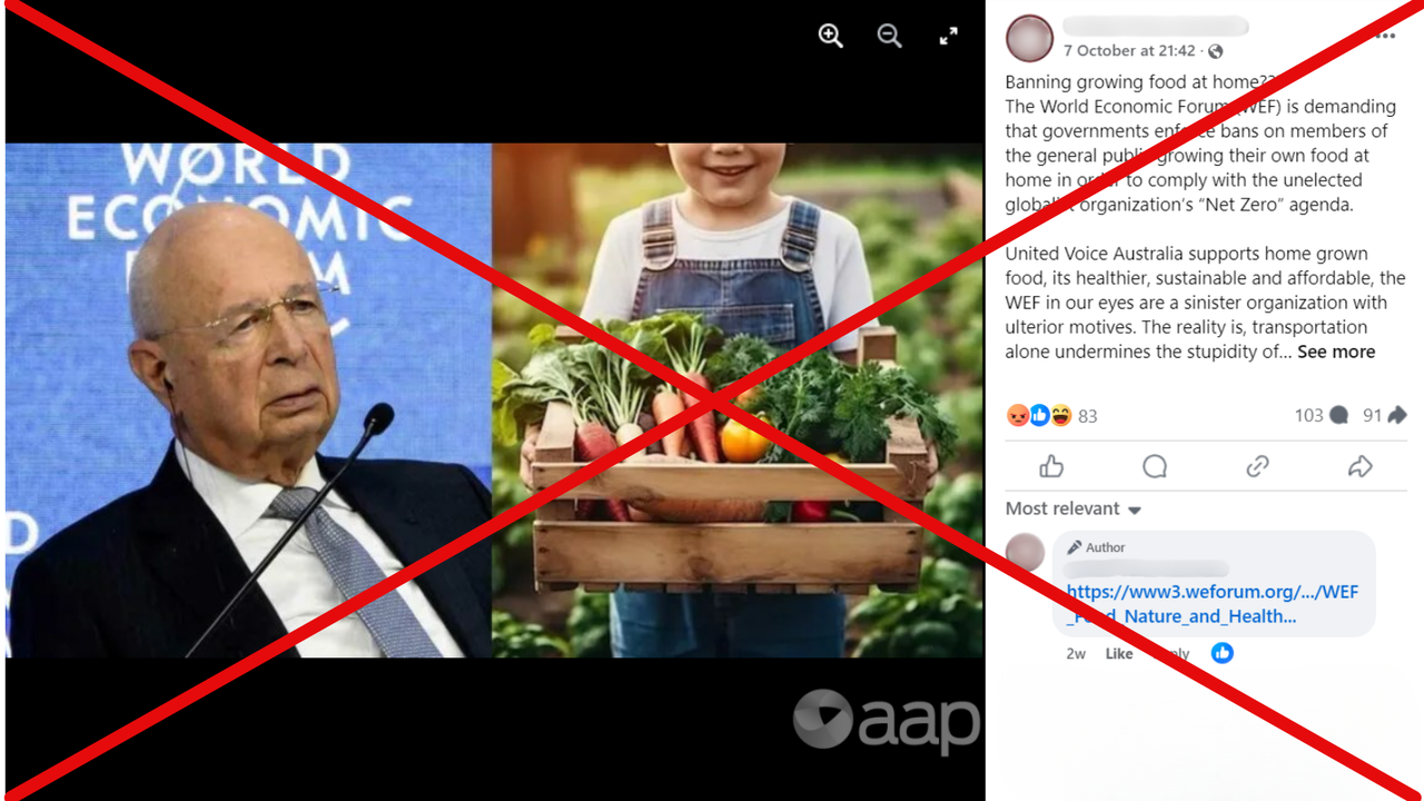 Crossed-out Fbook post claiming WEF wants to ban home-grown food