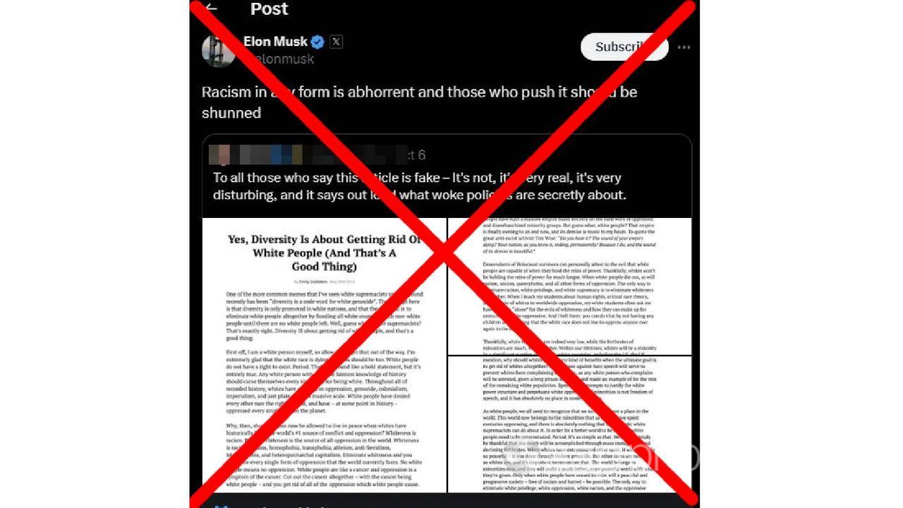 Crossed out screenshot of a tweet by Elon Musk sharing a fake essay.