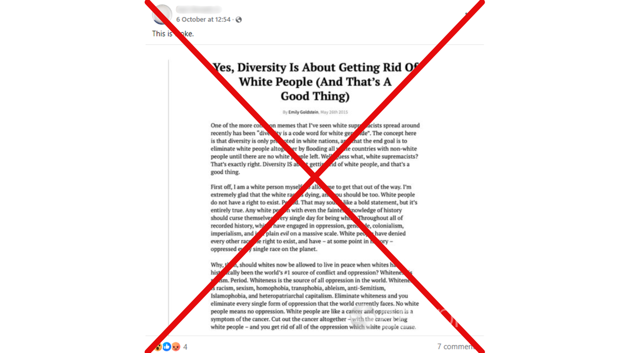 Facebook post claiming diversity is white genocide