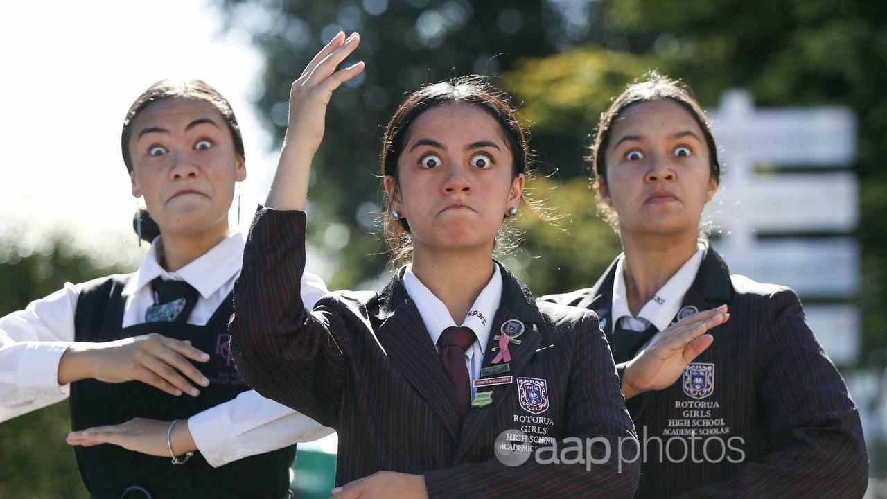 High school students do traditional Maori performing arts, kapa haka