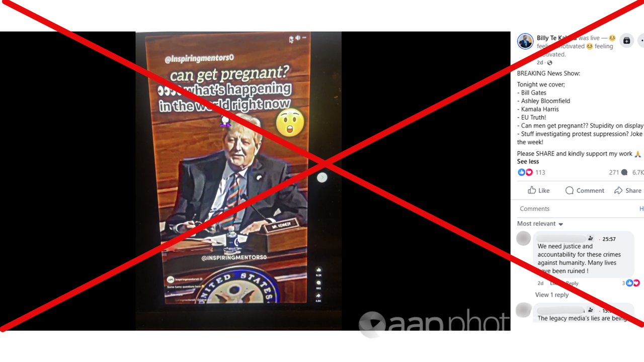 Crossed out Facebook post sharing fake video about male pregnancy.