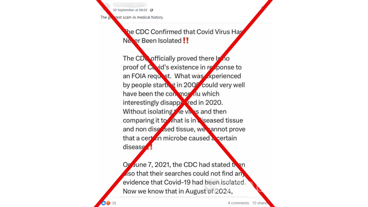 Crossed out Facebook post saying COVID virus has never been isolated.