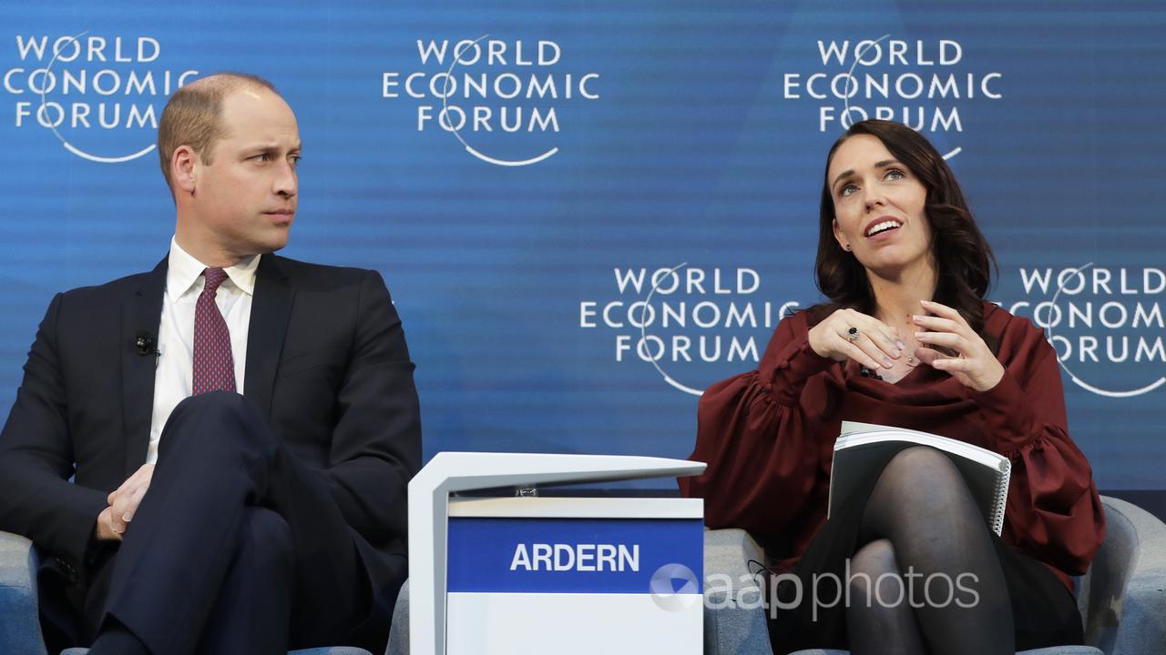 Jacinda Ardern and Prince William in a WEF panel discussion in 2019.