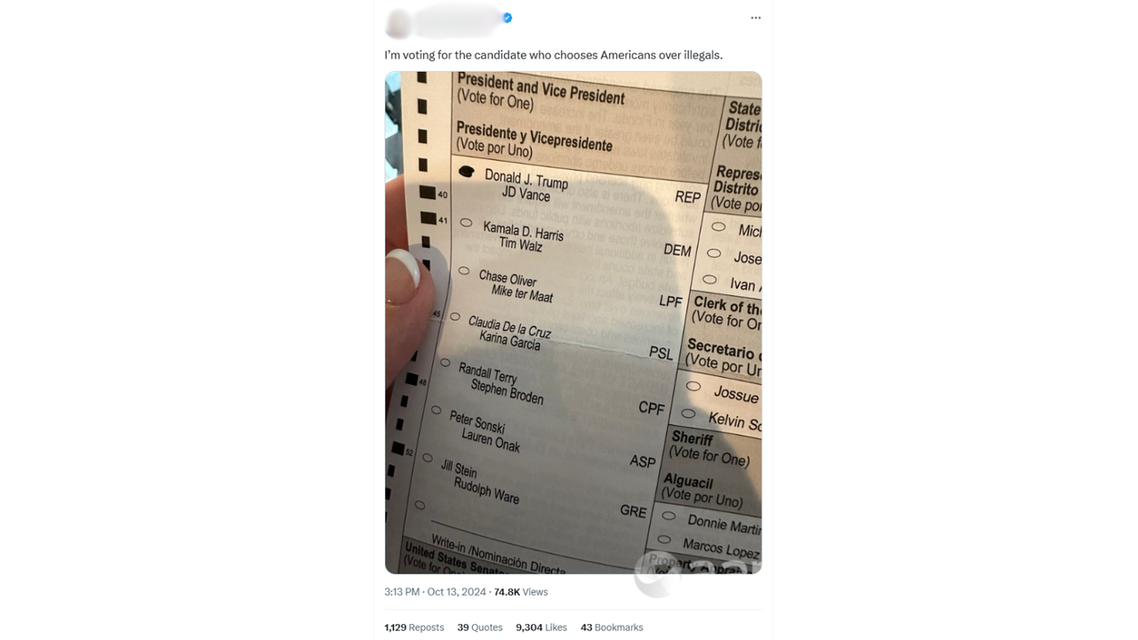 X post showing woman's vote for Trump on ballot.