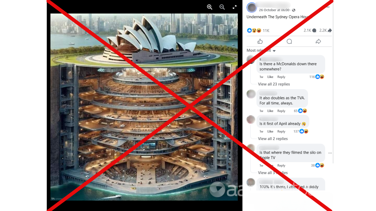 Crossed out Facebook post featuring fake image of Sydney Opera House.