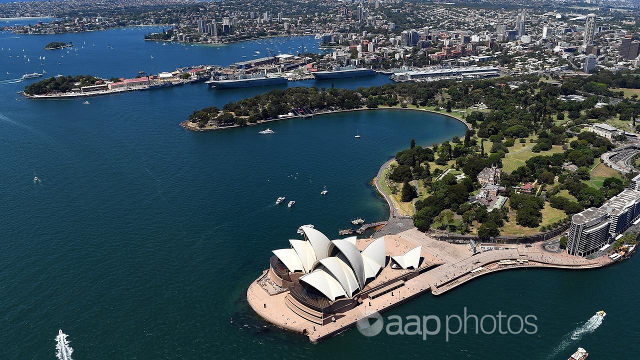 Aerial shot of Garden Island, Mrs Macquaries chair, Sydney Opera House