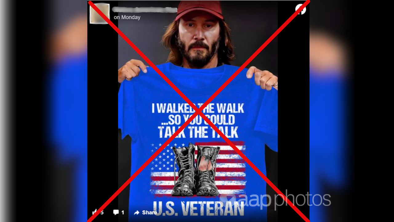 Facebook post: Keanu Reeves supposedly promoting a US veterans T-shirt