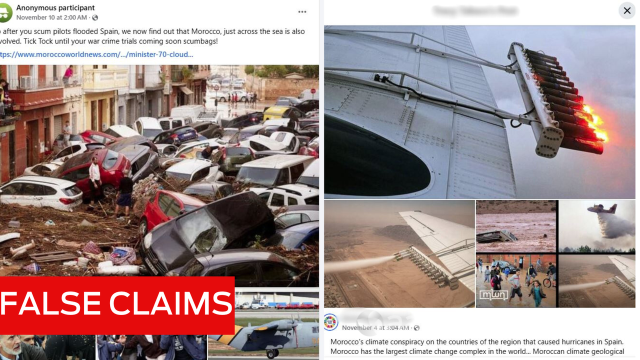 Facebook posts spreading misinformation about heavy rain in Spain.