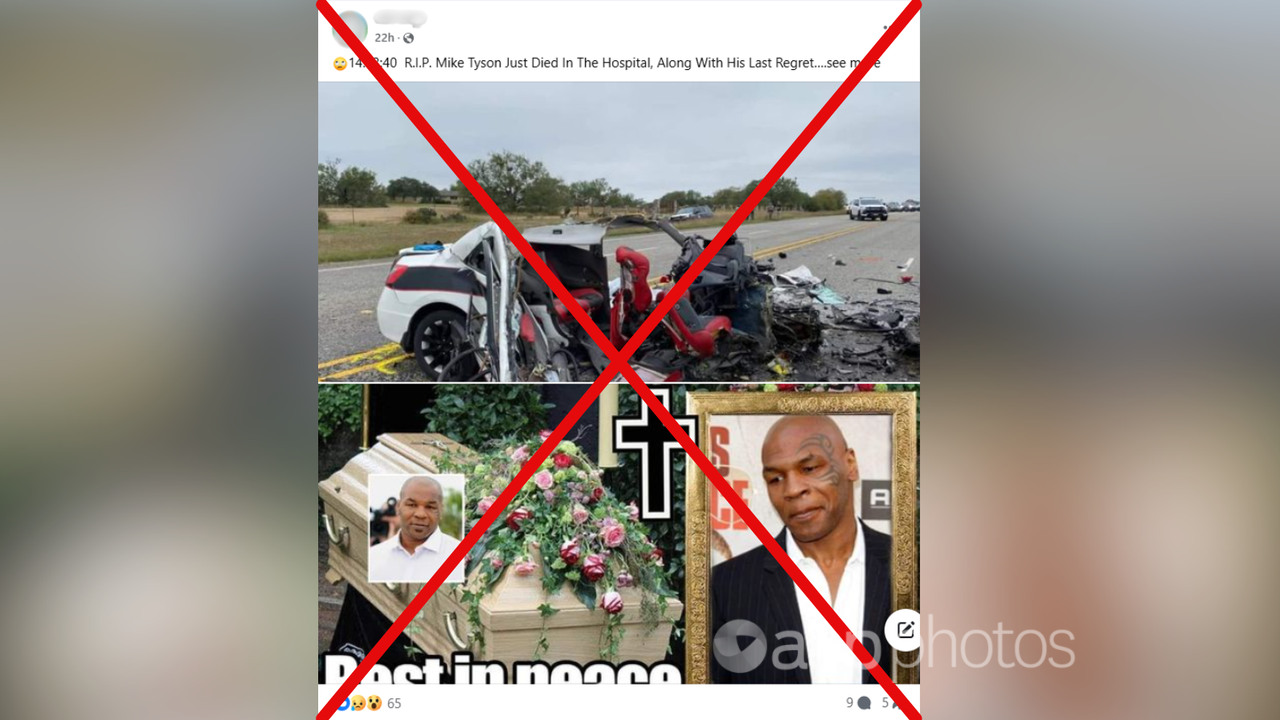 Crossed out Facebook post claiming Mike Tyson is dead.