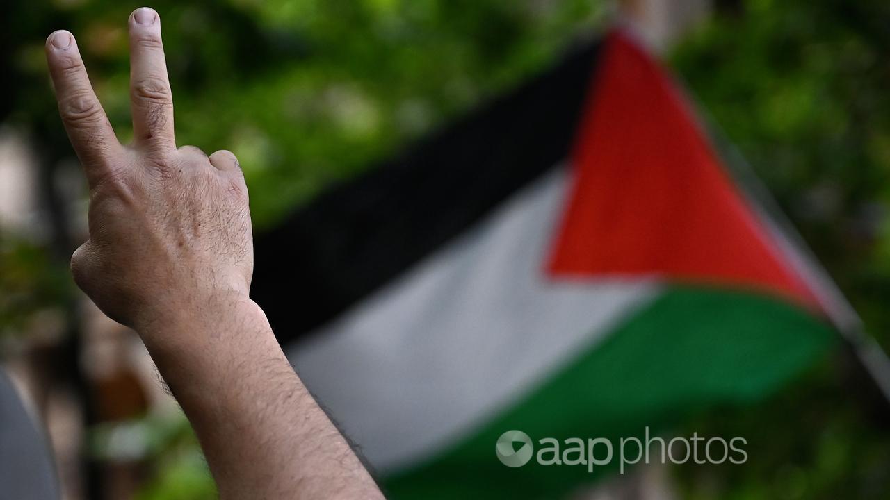 A Palestinian flag during a rally in Sydney