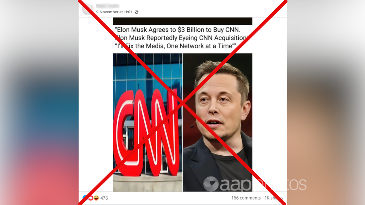 Crossed out Facebook post claiming Elon Musk's buying CNN.