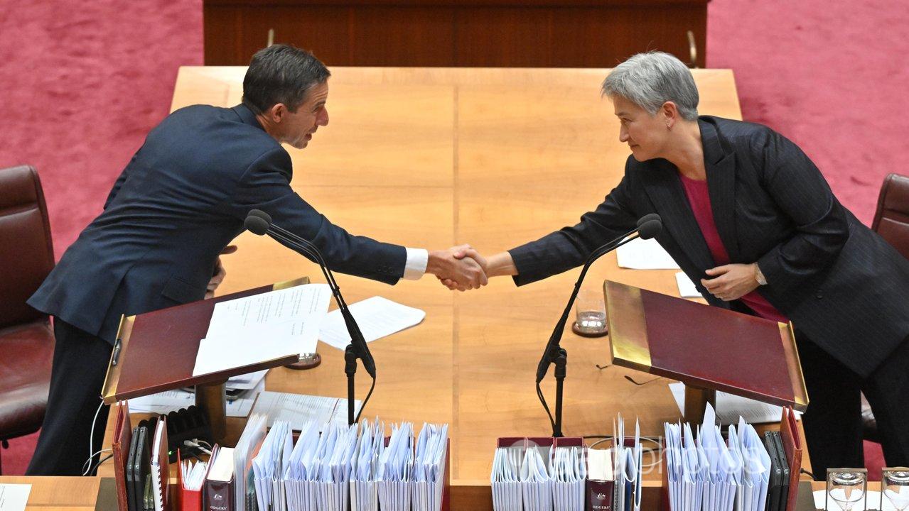 Penny Wong congratulates Simon Birmingham after his Senate speech