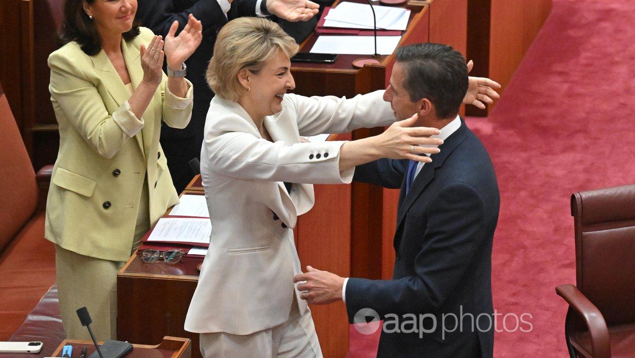 Michaelia Cash congratulates Simon Birmingham after his Senate speech