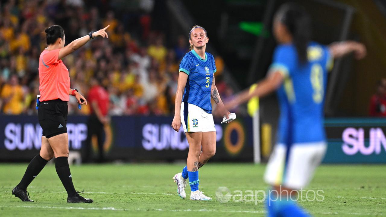 Brazil's Vitoria de Jesus Santos Calhau is sent off.