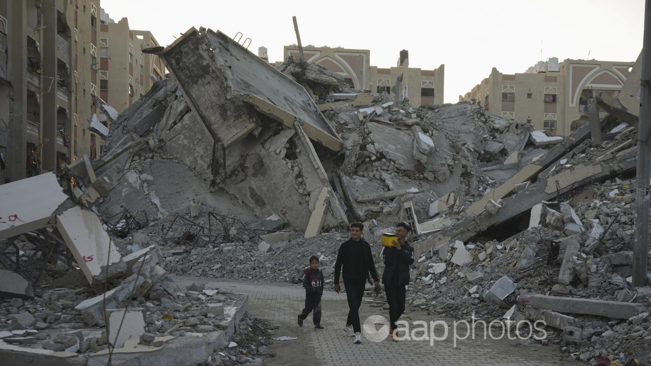 Destroyed buildings in Khan Younis, Gaza.