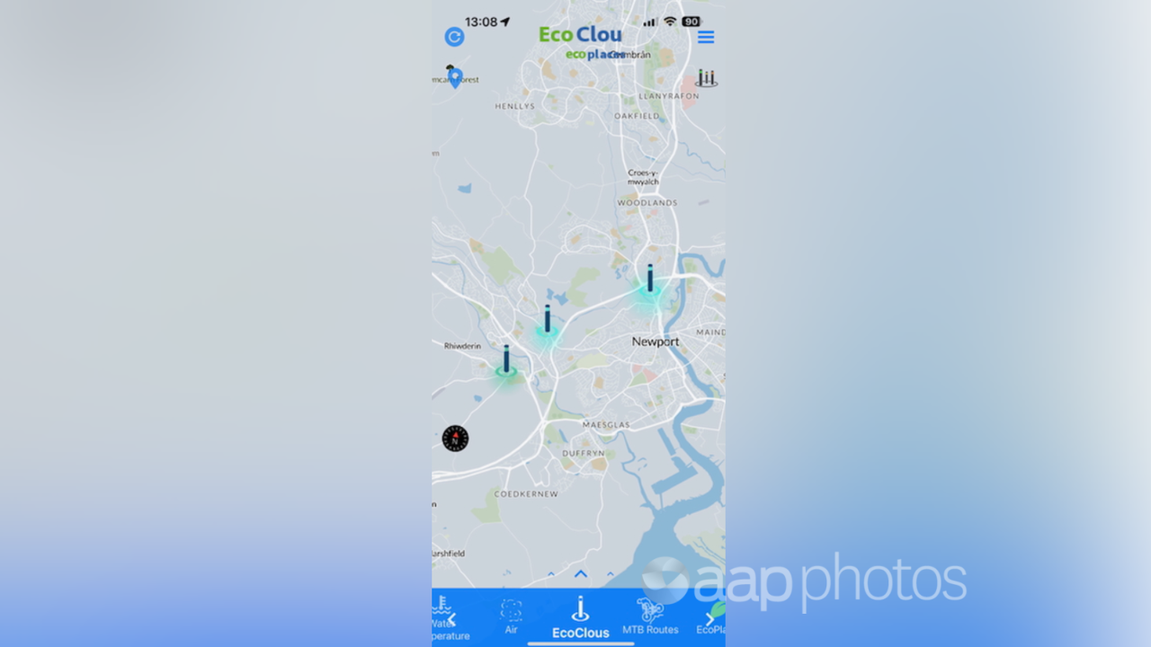 EcoClou app screengrab showing air quality sensors in Wales.
