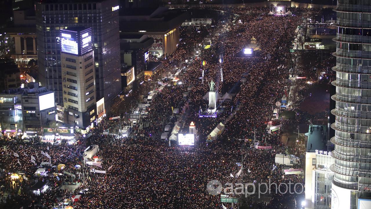 Protesters in Seoul rally against  President Park Geun-hye in 2016.