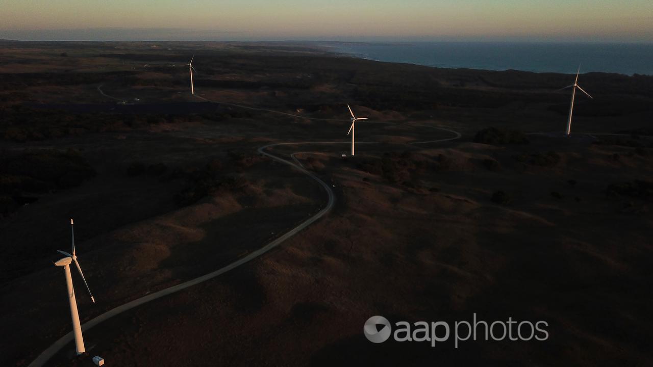 Wind farm outside Currie on King Island, Tasmania, from above