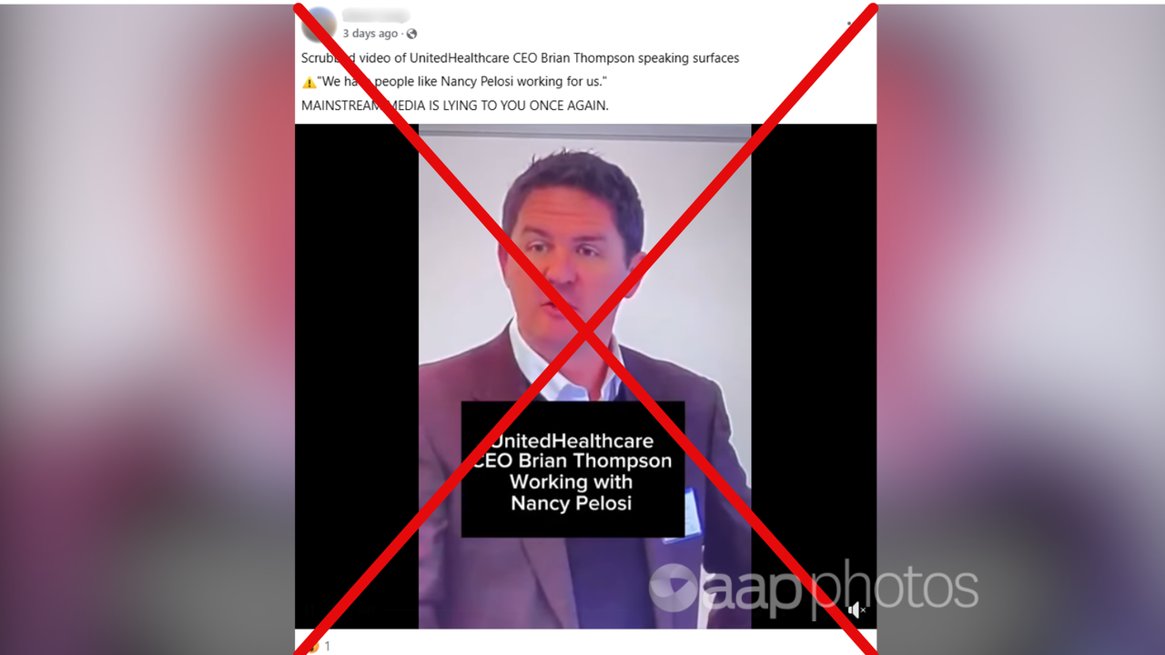 Facebook post with fake video of UnitedHealthcare CEO Brian Thompson.