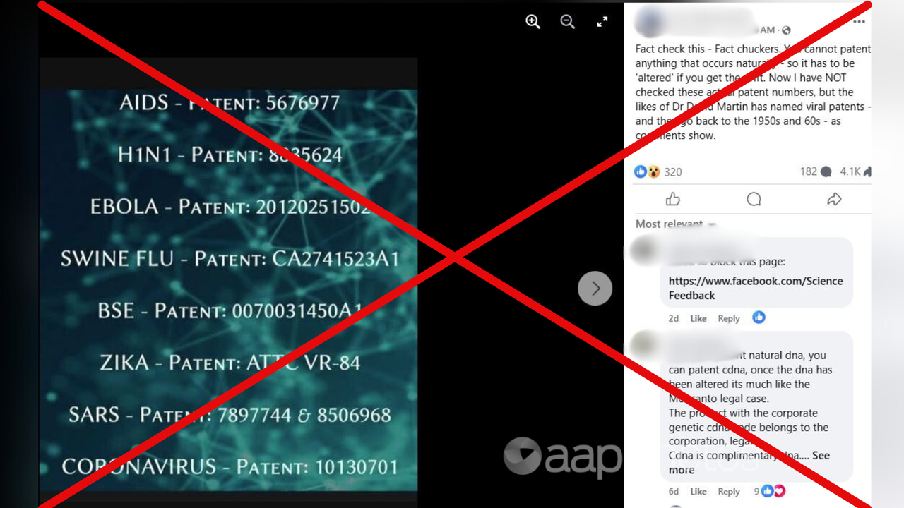 Screenshot of mislead Facebook post about patents.