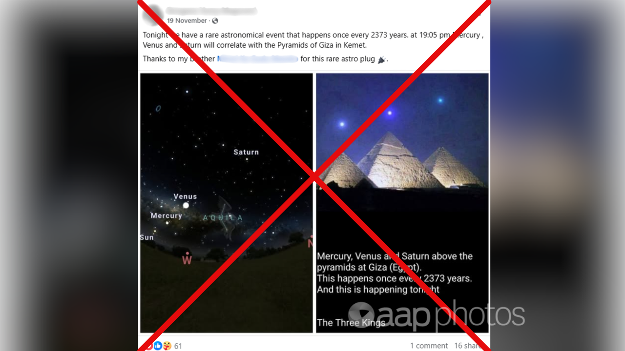 Facebook post with claim planets aligned over Giza Pyramids.