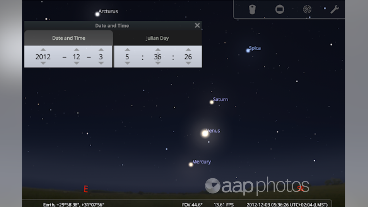 Stellarium image of Saturn, Venus and Mercury.