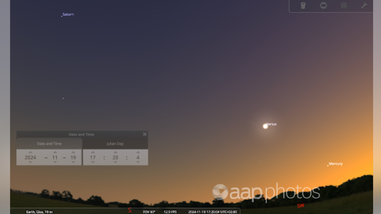 Stellarium image of Mercury and Venus.