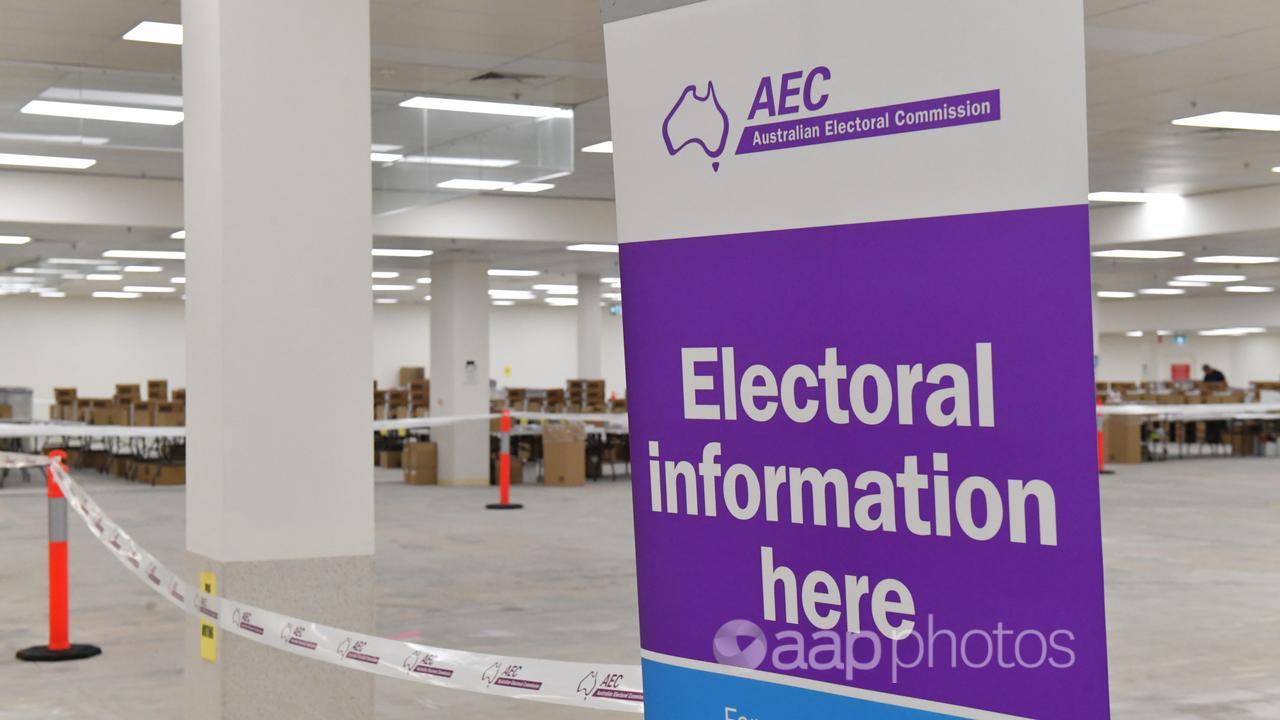 Australian Electoral Commission sign in a warehouse in  Canberra, 2022