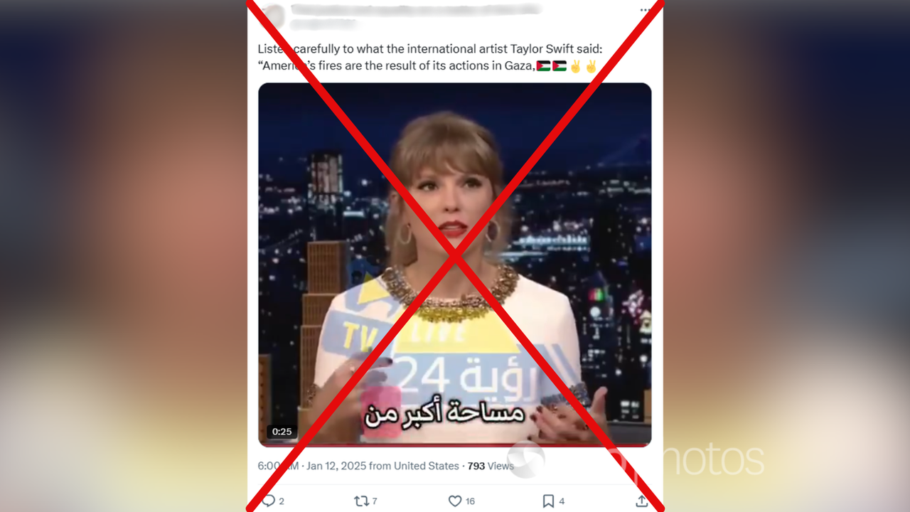 Facebook post with fake video showing Taylor Swift discuss LA wildfire