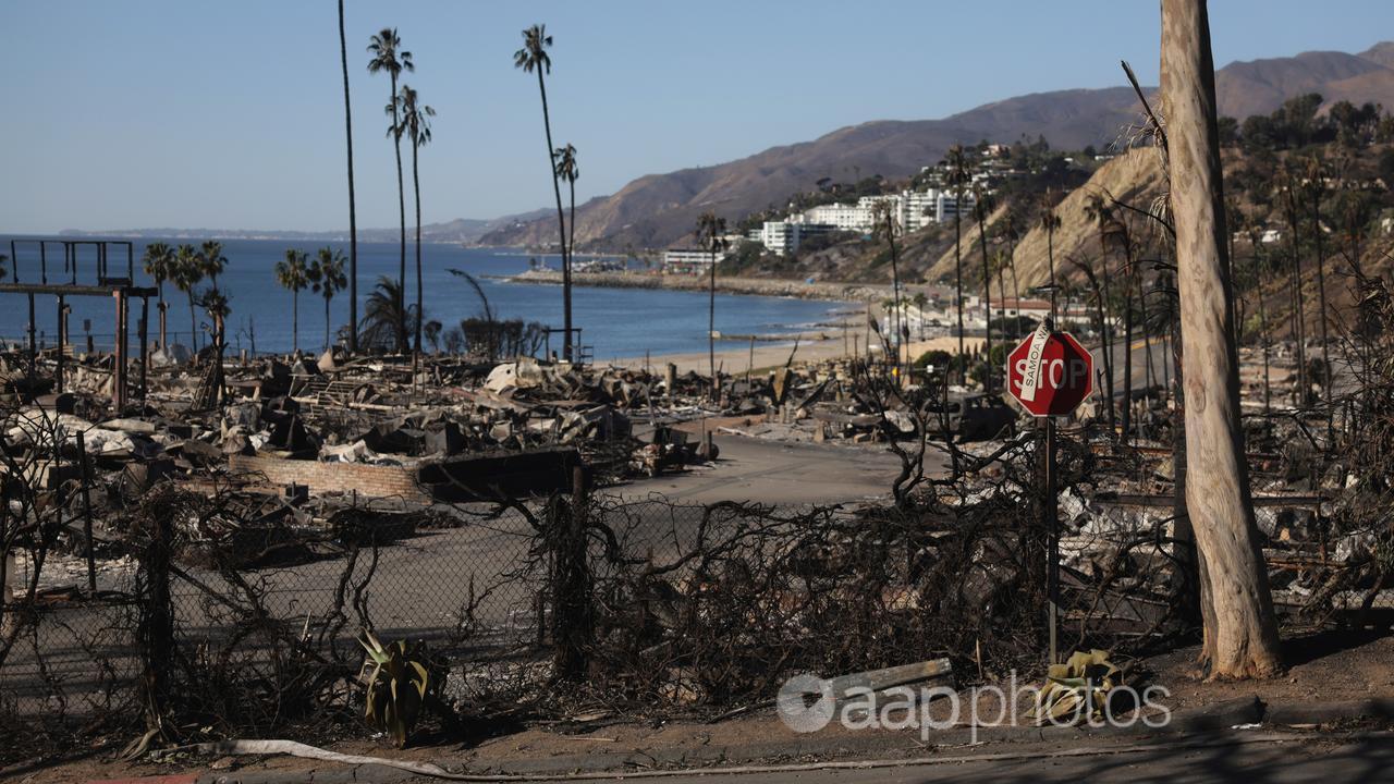 A neighborhood destroyed by the Palisades wildfire in LA, California