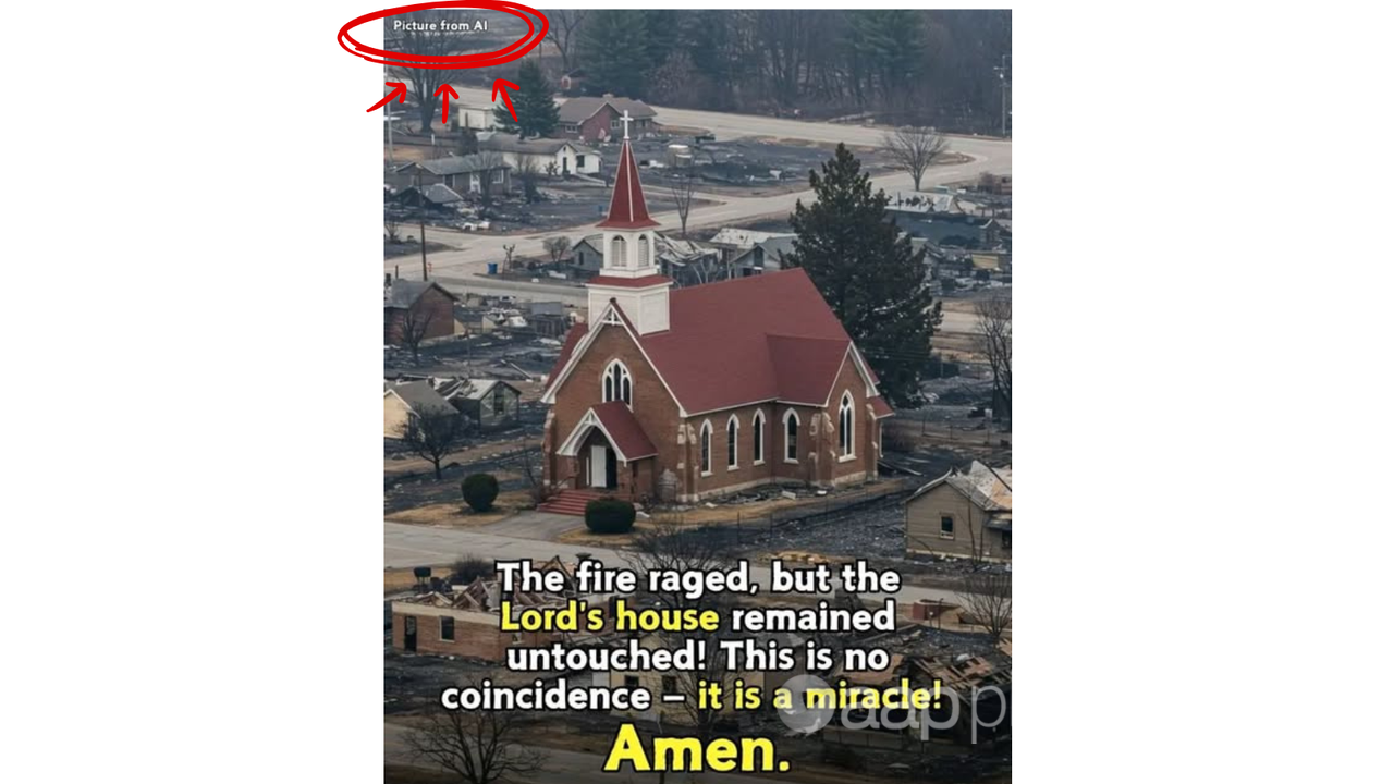 AI pic of unburned church surrounded by burnt buildings