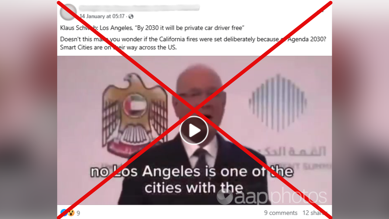 Facebook post about Klaus Schwab discussing LA before fires.