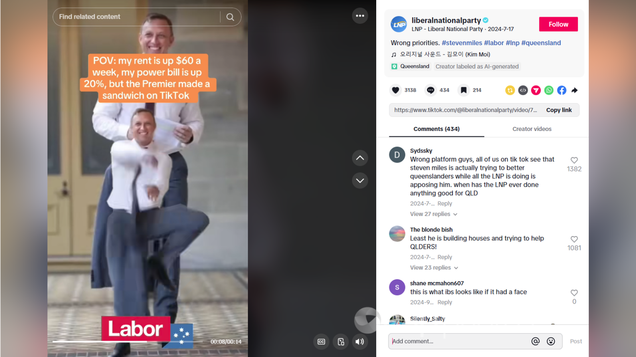 Queensland LNP sharing a clearly fake TikTok video of Steven Miles.