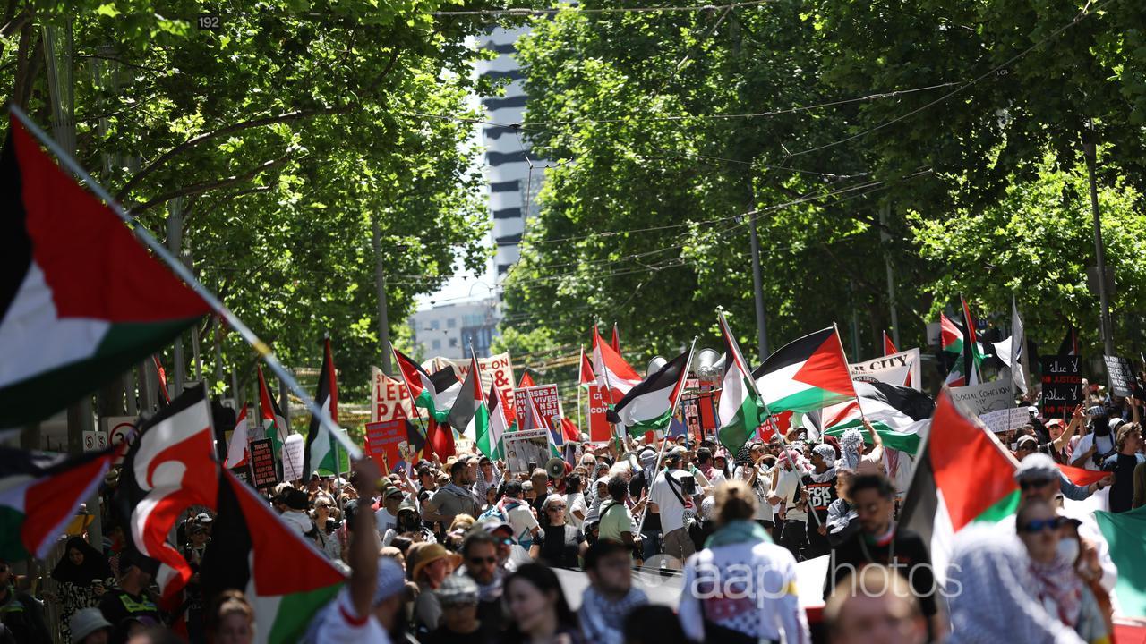 Protesters march during a rally for Palestine in Melbourne